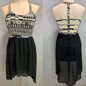 Medium‎ Cecico Sundress Back Straps Open Hi Lo Hem Black White